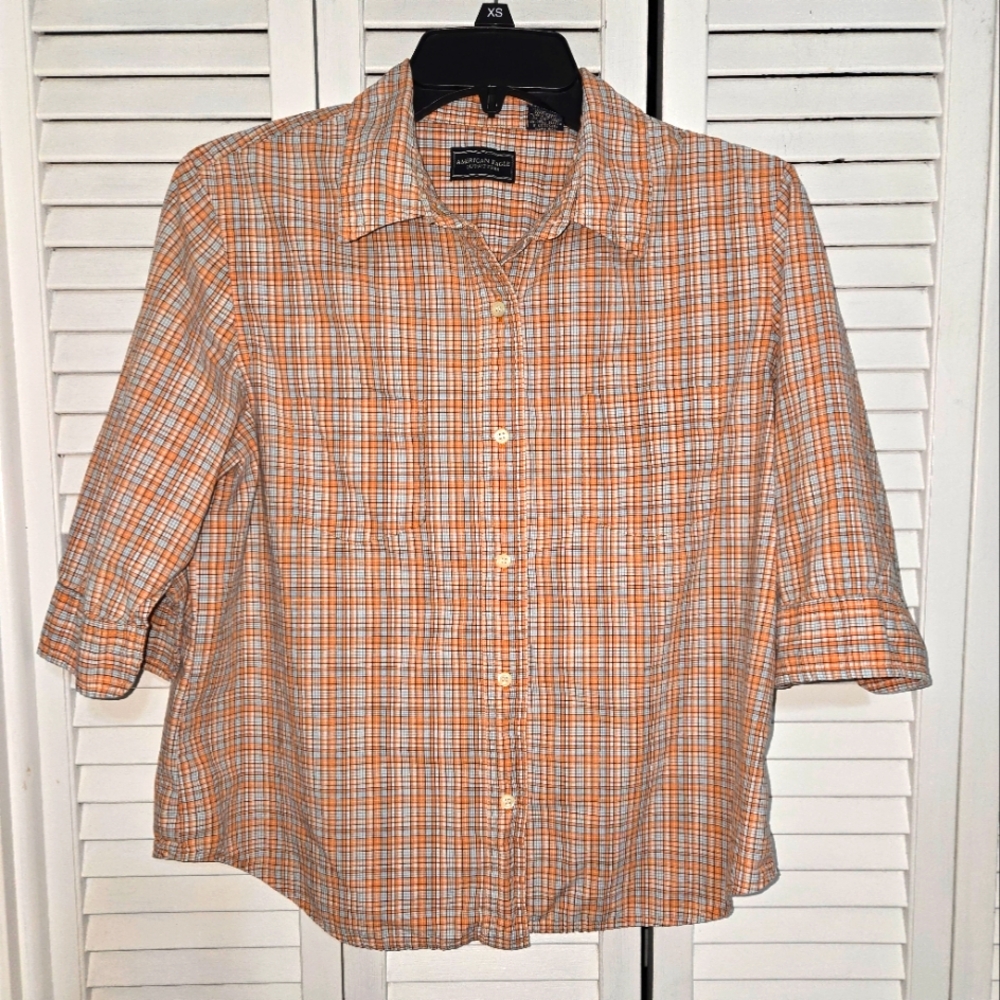 American Eagle Outfitters Women's L Orange Plaid Shirt